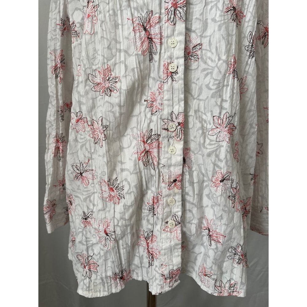 apt.9 White w/ Coral/Brown Floral Embroidered Crinkle Textured Button-up Shirt - Picture 3 of 10